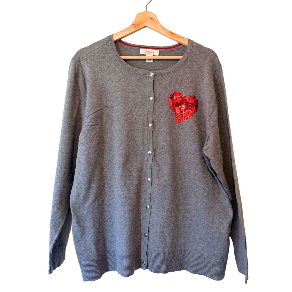 CJ BANKS Preppy Twee Grey Cardigan w/ Red Sequin Heart 1X Rockabilly Glam